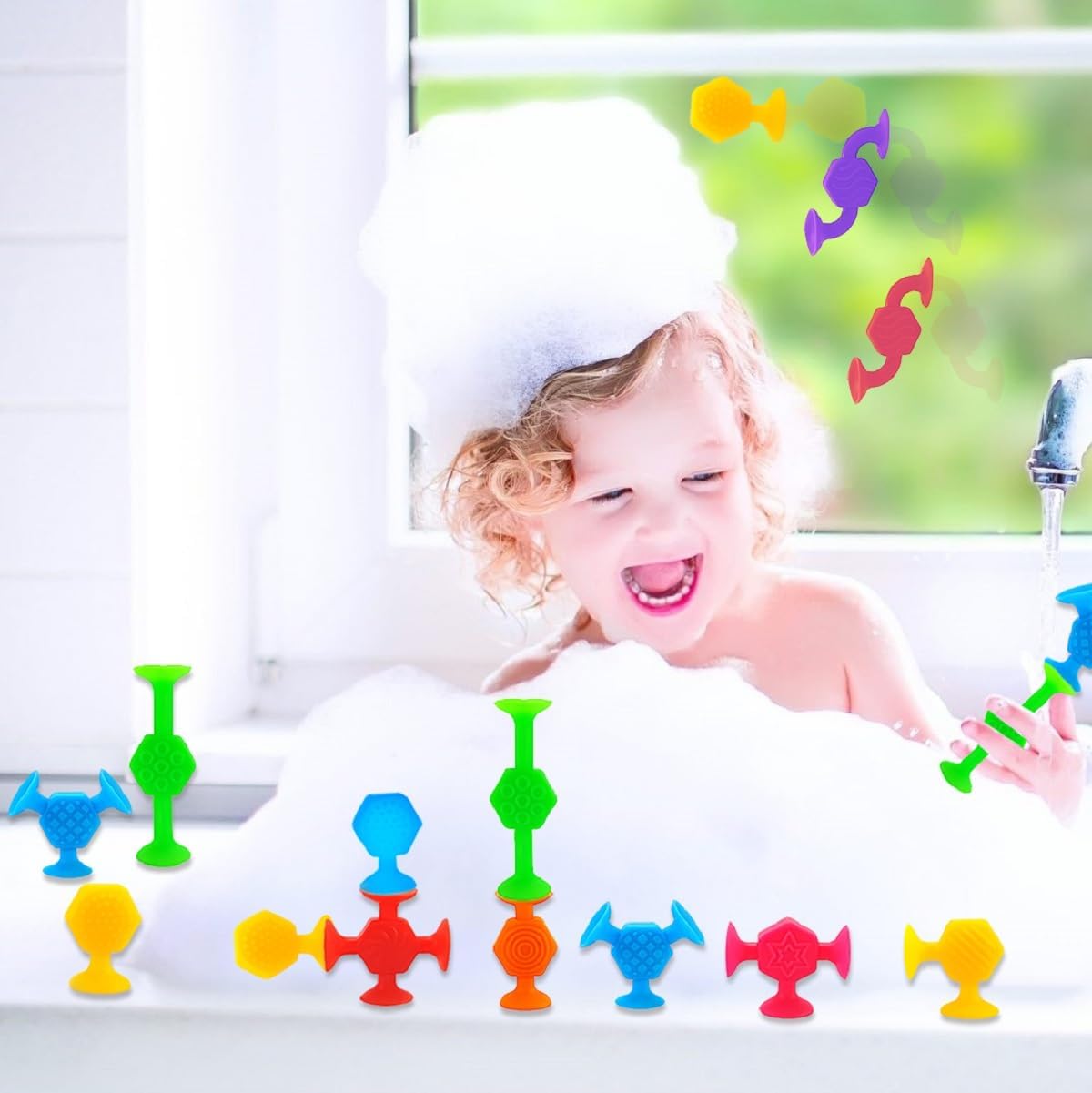 24 Pcs Bath Toys for Kids Ages 3+, Suction Cup Toys for Autistic Children, Travel Window Stem Learning Toys, Bathtub Toys with Dinosaur Eggshell Storage