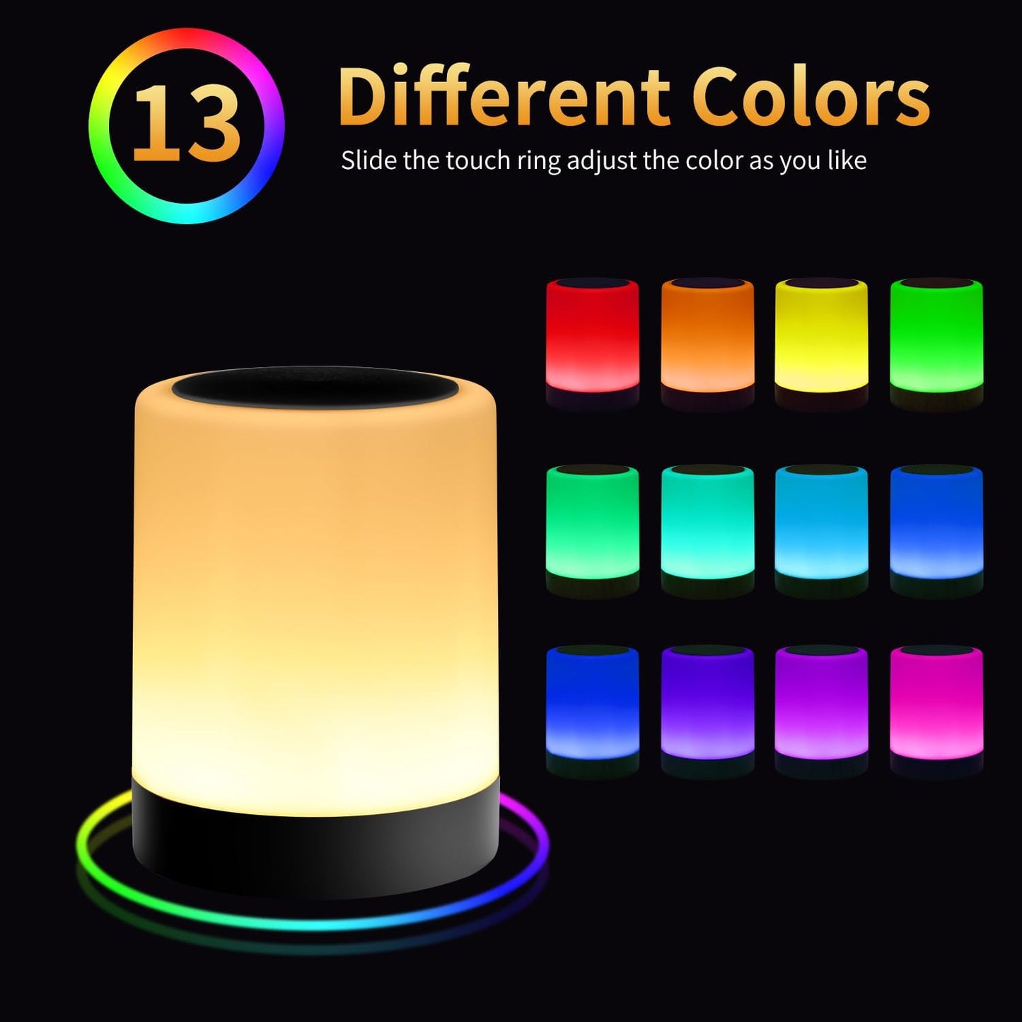 OORUN Touch Bedside Table Lamp,13 RGB Colors & 5 Brightness, USB Rechargeable Desk Lamp, Remote Control Dimmable Light with RGB Color Changing,Portable Lamp for Baby (Black)