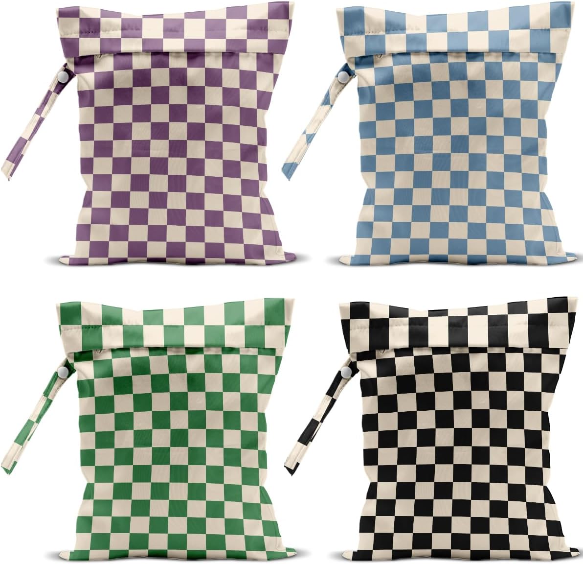 4 Pack Cute Wet Bag Waterproof Washable Reusable Wet Dry Bag for Swimsuit Dirty Clothes Diaper Travel Pool Yoga Gym Christmas Birthday Party Camping Toiletries Beach Essentials, Colorful Checkered