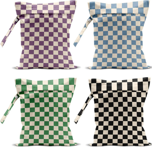 4 Pack Cute Wet Bag Waterproof Washable Reusable Wet Dry Bag for Swimsuit Dirty Clothes Diaper Travel Pool Yoga Gym Christmas Birthday Party Camping Toiletries Beach Essentials, Colorful Checkered