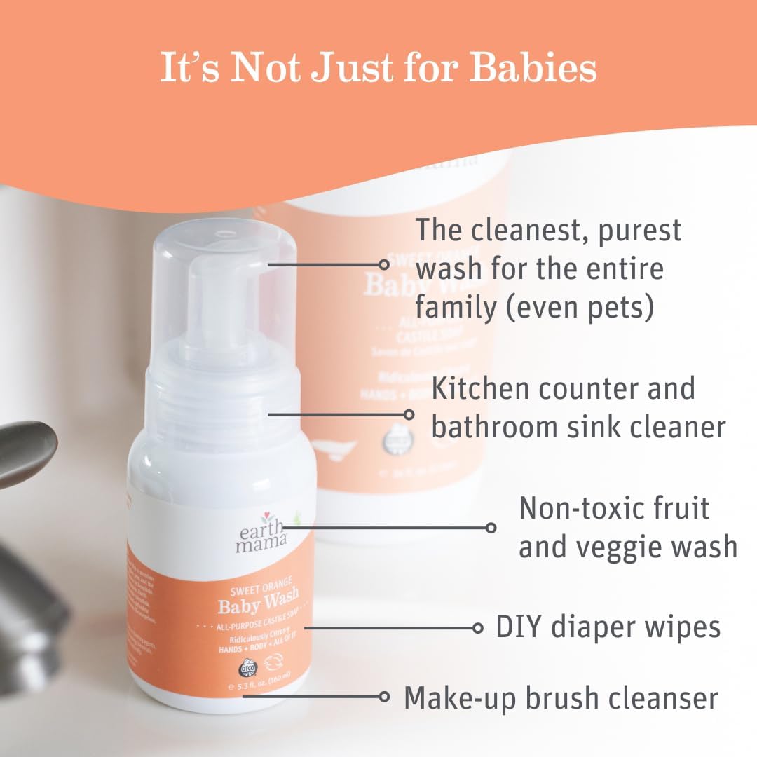 Earth Mama Sweet Orange Baby Wash Liquid Hand Soap Refill, Organic Body Wash for Sensitive Skin, All Purpose Castile Soap Liquid with Coconut Oil, Shea Butter, Calendula & Aloe, 34 fl oz