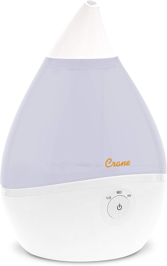 Crane Teardrop Ultrasonic Cool Mist Humidifier for Baby Nursery, 0.5 Gallon, Adjustable Settings, Essential Oil Diffuser White