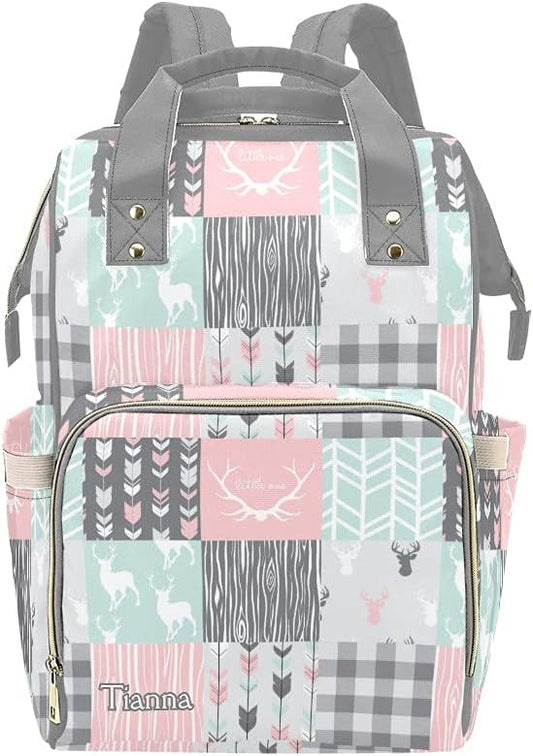 Antlers Deer Elk Feather Arrow Patchwork Diaper Bags with Name Waterproof Mummy Backpack Nappy Nursing Baby Bags Gifts Tote Bag for Women