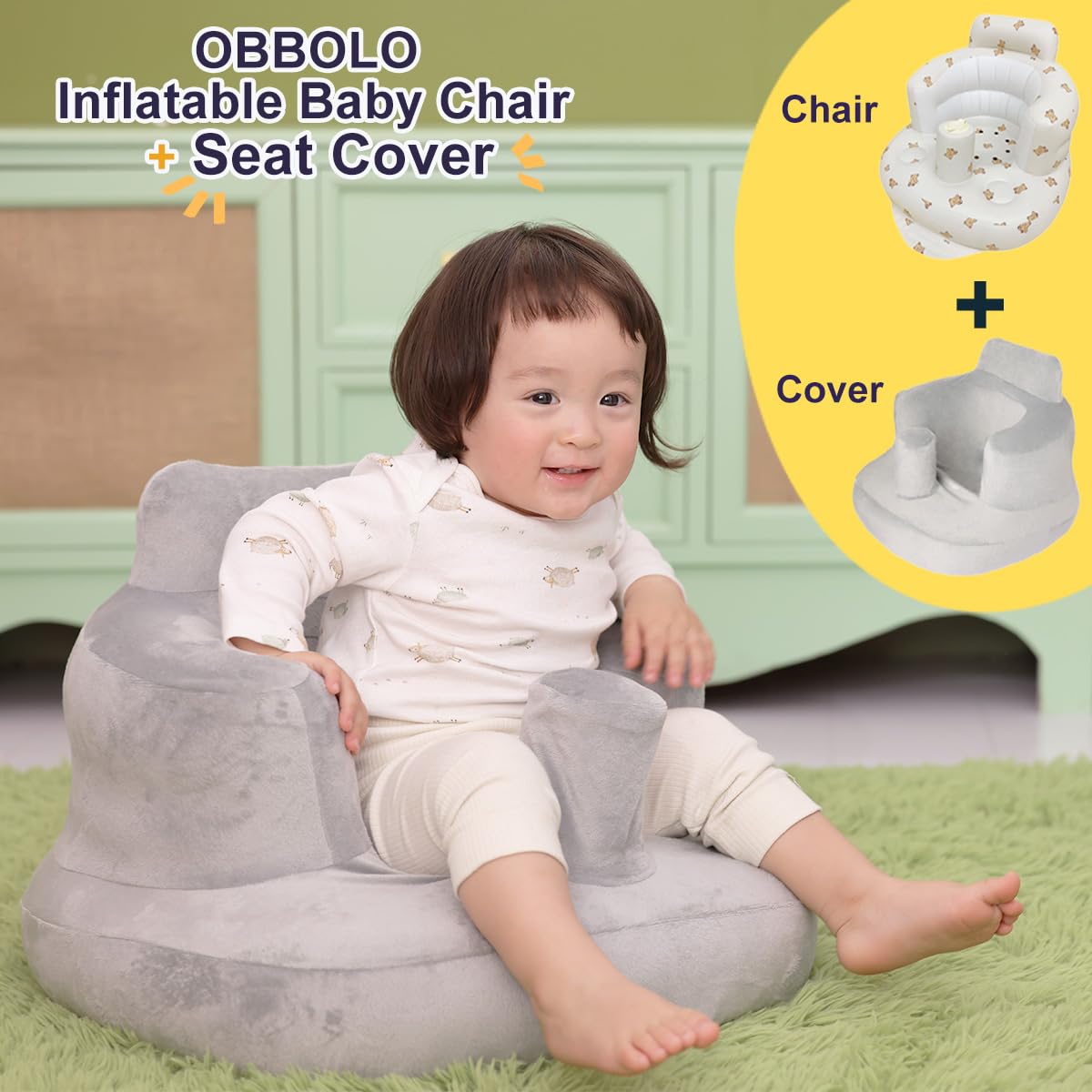 Inflatable Baby Seat with Cover for Babies 3 Months and Up,Inflatable Infant Chair with Cover,Plush Blow Up Baby Chair