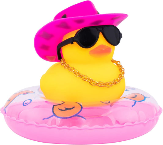 wonuu Car Rubber Duck, Yellow Duck Decoration Dashboard with Sun Hat Swim Ring Necklace Sunglasses for Car Dashboard Decorations, Black Spots Pink Cowboy Hat-Pink
