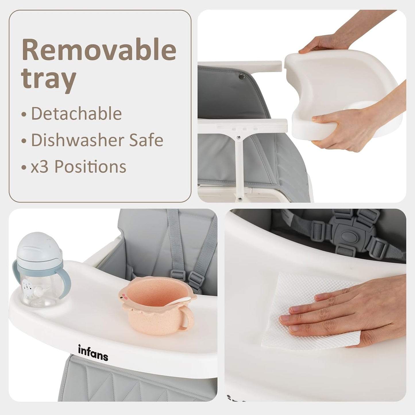 INFANS Baby High Chair, Quick Folding Portable Highchair for Babies and Toddlers with Adjustable Footrest Removable Dishwasher Tray PU Seat, Compact Highchairs for Baby Age 6-36 Months (Grey)