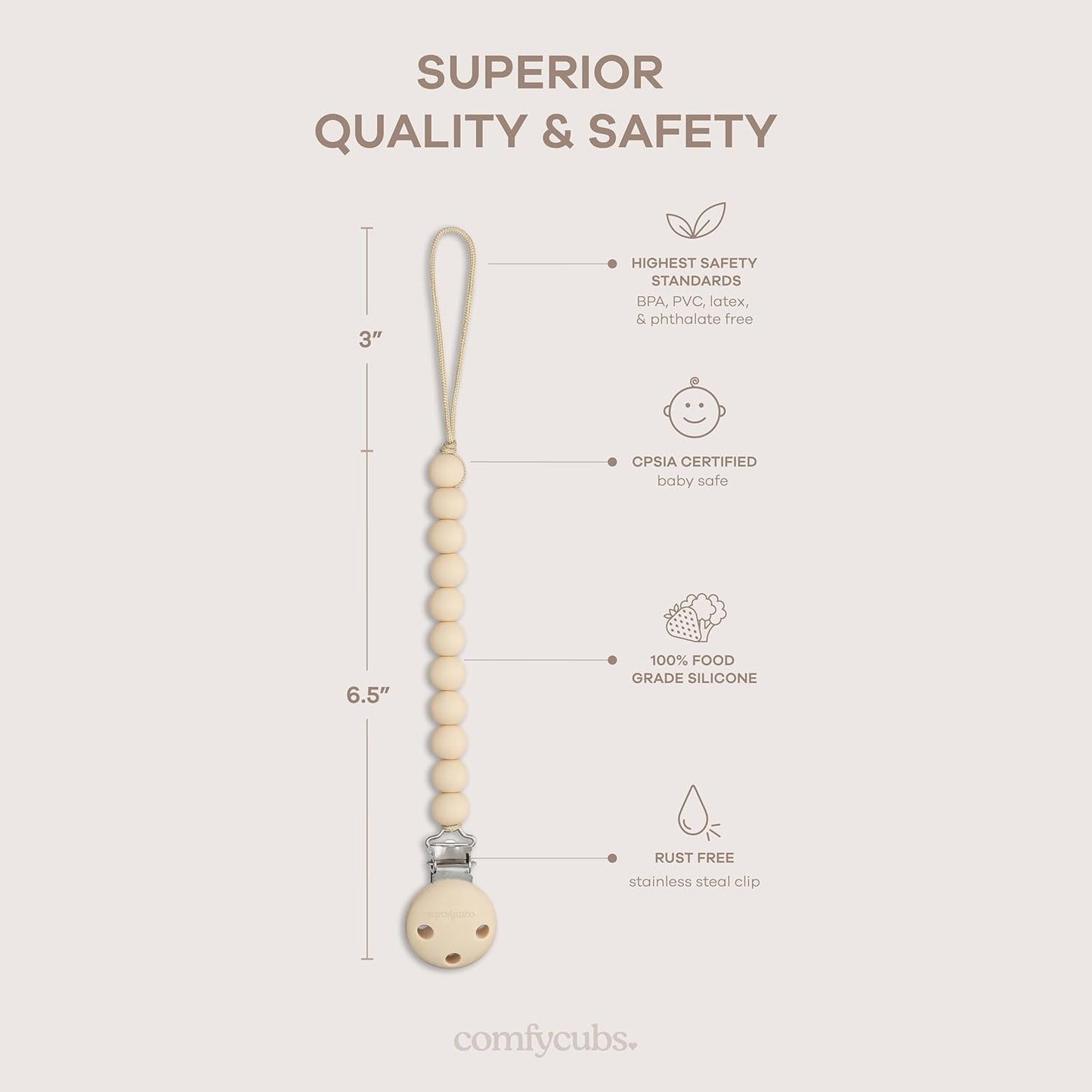 Comfy Cubs Pacifier Clips 2 Pack - 100% Food Grade Silicone Baby Pacifier Clips, BPA & PVC Free - CPSIA Certified, Lightweight and Flexible Baby Gifts - Beige & Light Beige