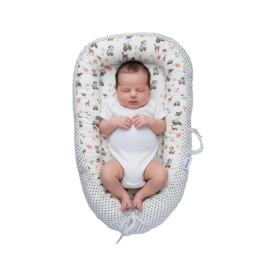 TKC Baby Lounger 0-24 Months | Adjustable Infant Lounger | Breathable Organic Cotton Cover | Reversible Farm Animal Pattern | Includes Matching Swaddle Blanket | Portable Baby Nest