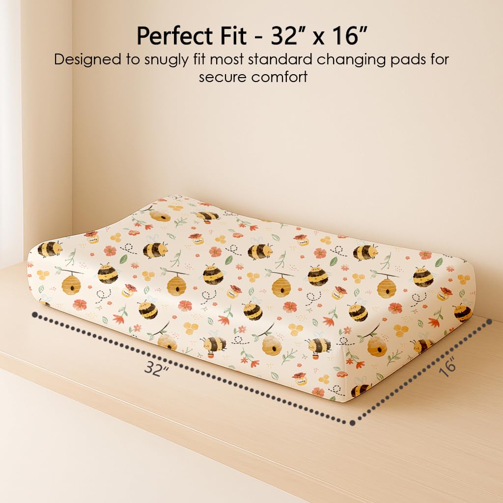 Changing Pad Cover for Baby Boys Girls 2 Pack, Fits Standard 32”×16” Changing Table Pads, Silky Breathable Stretch Knit, Machine Washable (Bee Happy)