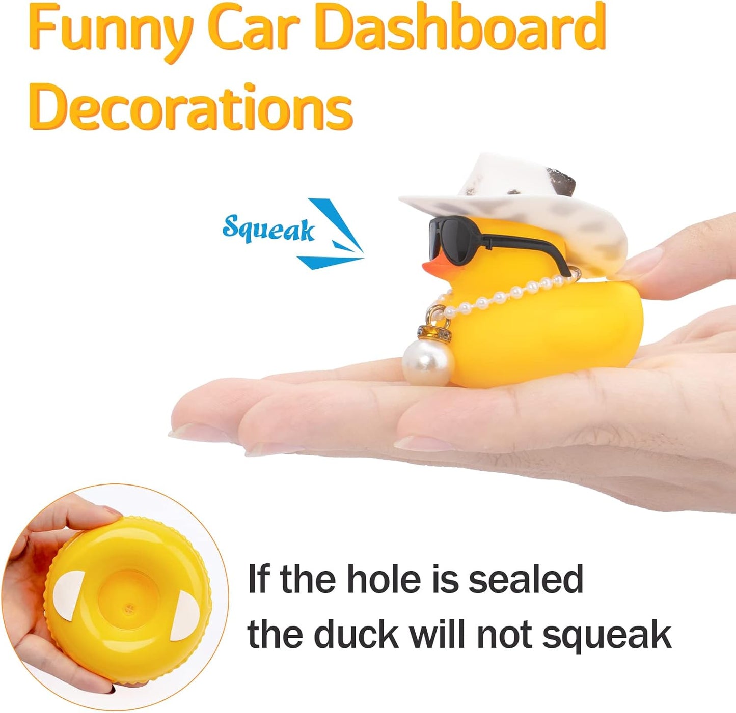 wonuu Car Rubber Duck, Yellow Duck Decoration Dashboard with Sun Hat Swim Ring Necklace Sunglasses for Car Dashboard Decorations, Black White Cowboy Hat-Transparent-Small Pearl