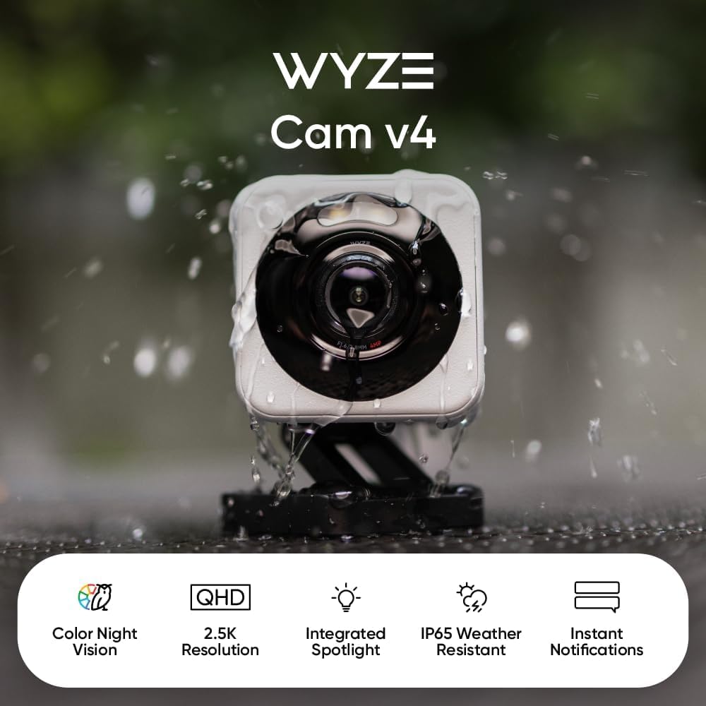 WYZE Cam v4 (Latest Model), 2.5K AI Security Camera, Indoor/Outdoor Cameras for Home Security, Baby Monitor & Pet Camera, Color Night Vision, No Subscription Required, Free Expert Help (2 Pack)