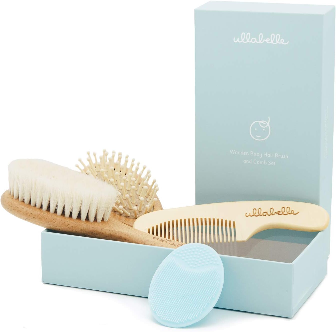 Ullabelle 4 Piece Wooden Baby Hair Brush and Comb Set for Newborns & Toddlers in Chic Gift Box - Ultra Soft Natural Goat Hair and Wood Baby Brush Set Prevents Cradle Cap - Perfect Registry Gift (Blue)