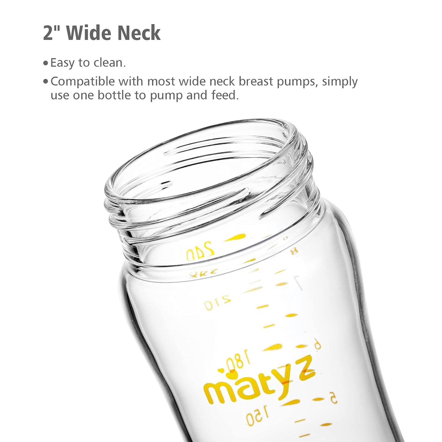 Matyz Glass Breastmilk Baby Feeding Bottle with Nipple, 2 Pack, 8 oz Slim and Light Bottle Easy to Hold, Food Grade Borosilicate Glass, Wide Neck Easy to Clean, No BPA (Blue Lids)
