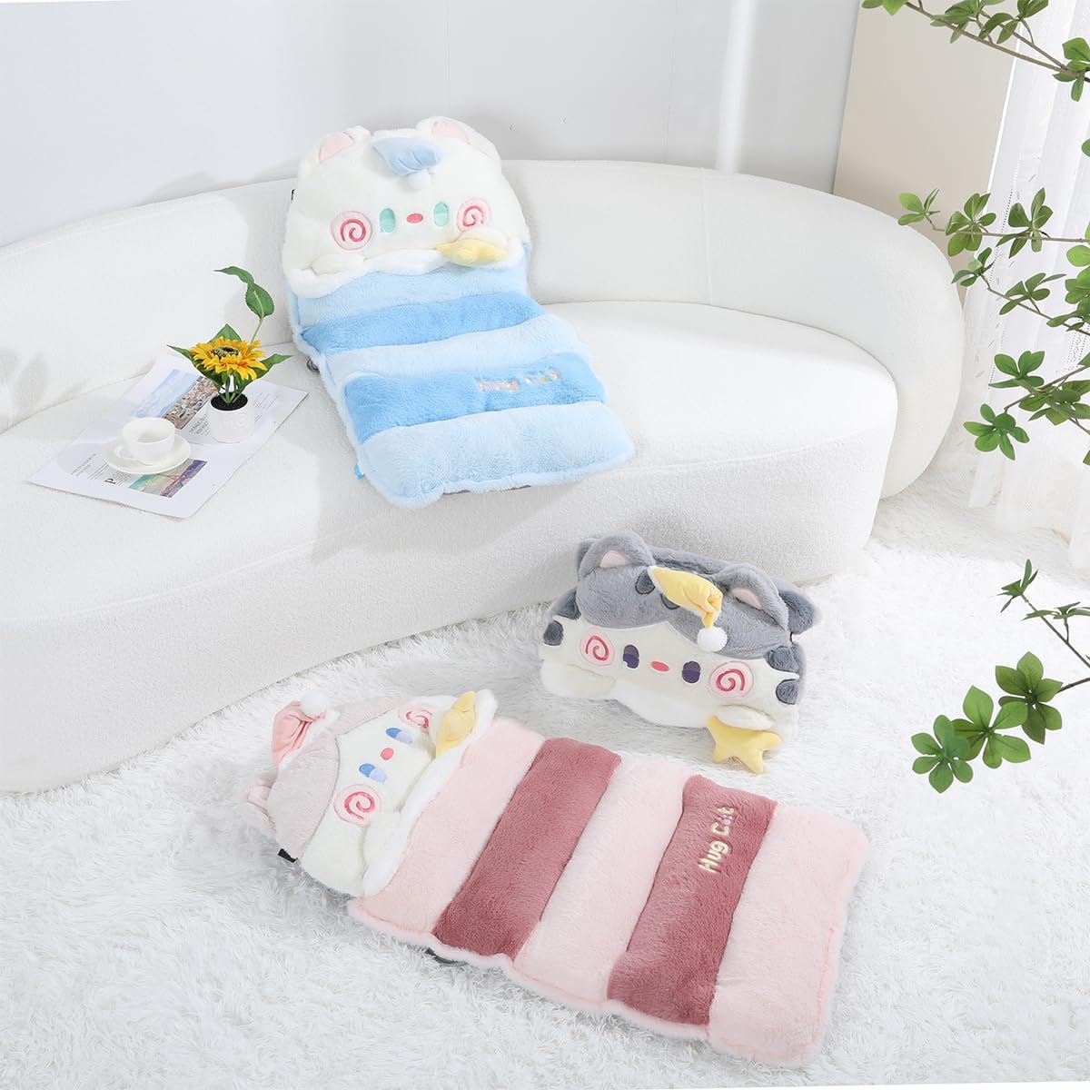 Cartoon Cat Seat Pads Non Slip Machine Wash Soft Cushion for Bedroom Décor, Gamer and Dining Chairs (35"x17", Grey)