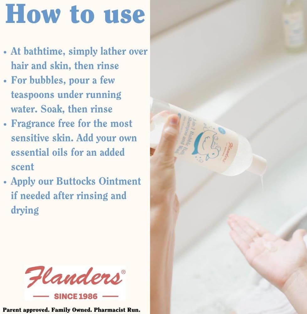 Flanders Bubble Bath - Shampoo & Wash 3-in-1, Pharmacist Developed, Plant Based, Unscented, Clean Ingredients, Calming & Fun for Sensitive Skin, All Ages (15oz)