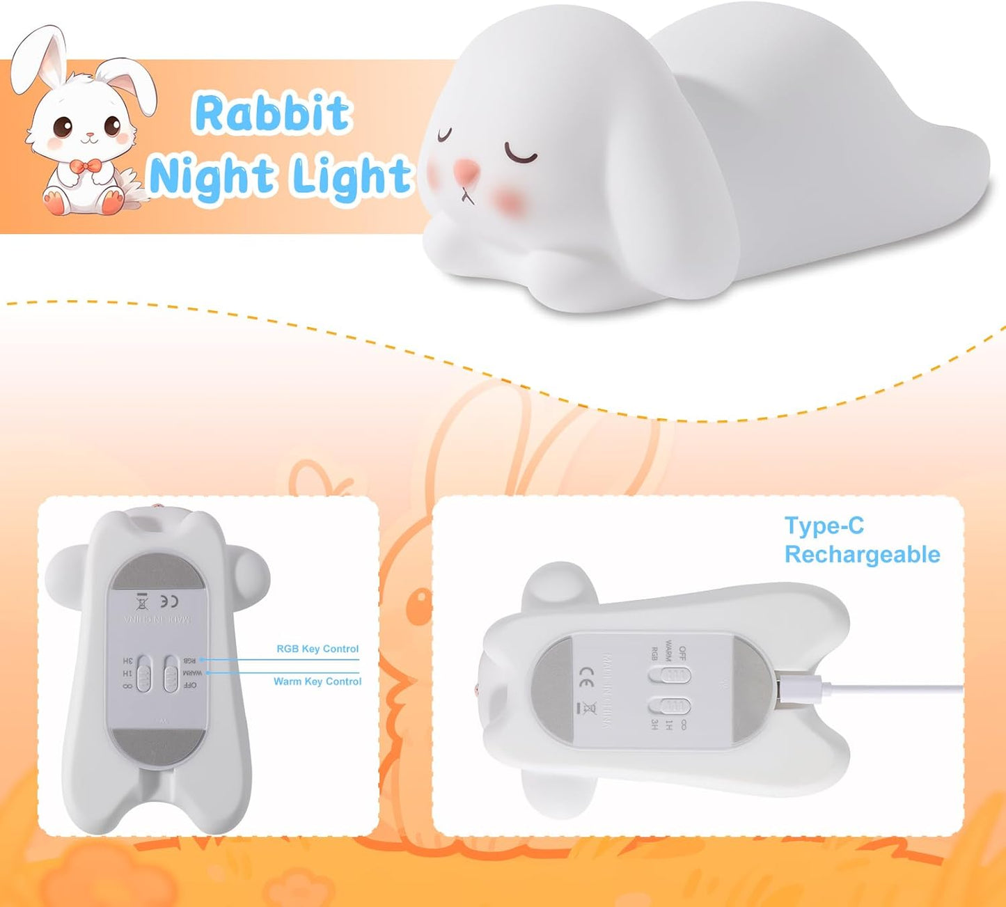 ZKLiLi Night Light for Kids Cute Rabbit Lamp, 16 Colors+Tap+Silicone Children Night-Light,USB Rechargeable Rabbit Night Lights for Kid Room,Girls Easter Gifts