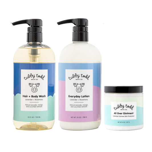 TUBBY TODD 3-Step Baby Bath & Skincare Routine - The Regulars Bundle - Baby Shampoo and Body Wash, Everyday Lotion 25 Oz & All Over Ointment 8 Oz - Lavender Rosemary