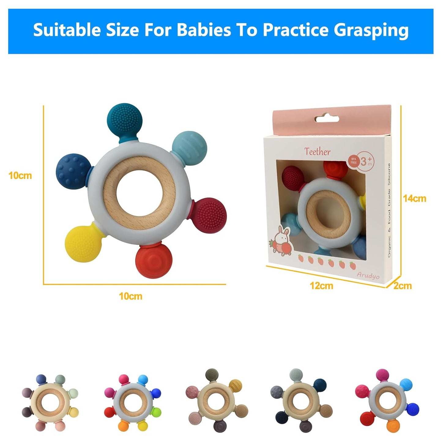 Baby Teething Toys Silicone Teethers BPA Free Silicone Rudder with Wooden Ring Soothe Babies Gums (Rainbow)