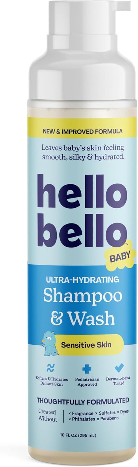 Hello Bello Ultra-Hydrating Baby Shampoo & Body Wash, Fragrance-Free, Tear Free & Safe for Sensitive Skin, Dermatologist Tested & Pediatrician Approved, 10oz Bottle