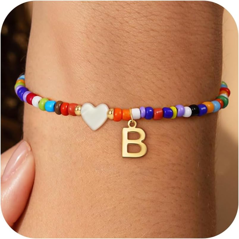 Christmas Gifts for Grandkids Teens Girls - Cute Beaded Heart Initial Bracelets for Women Teen Girl Trendy Stuff, Birthday Gifts Stocking Stuffers for Teen Girls Women Jewelry
