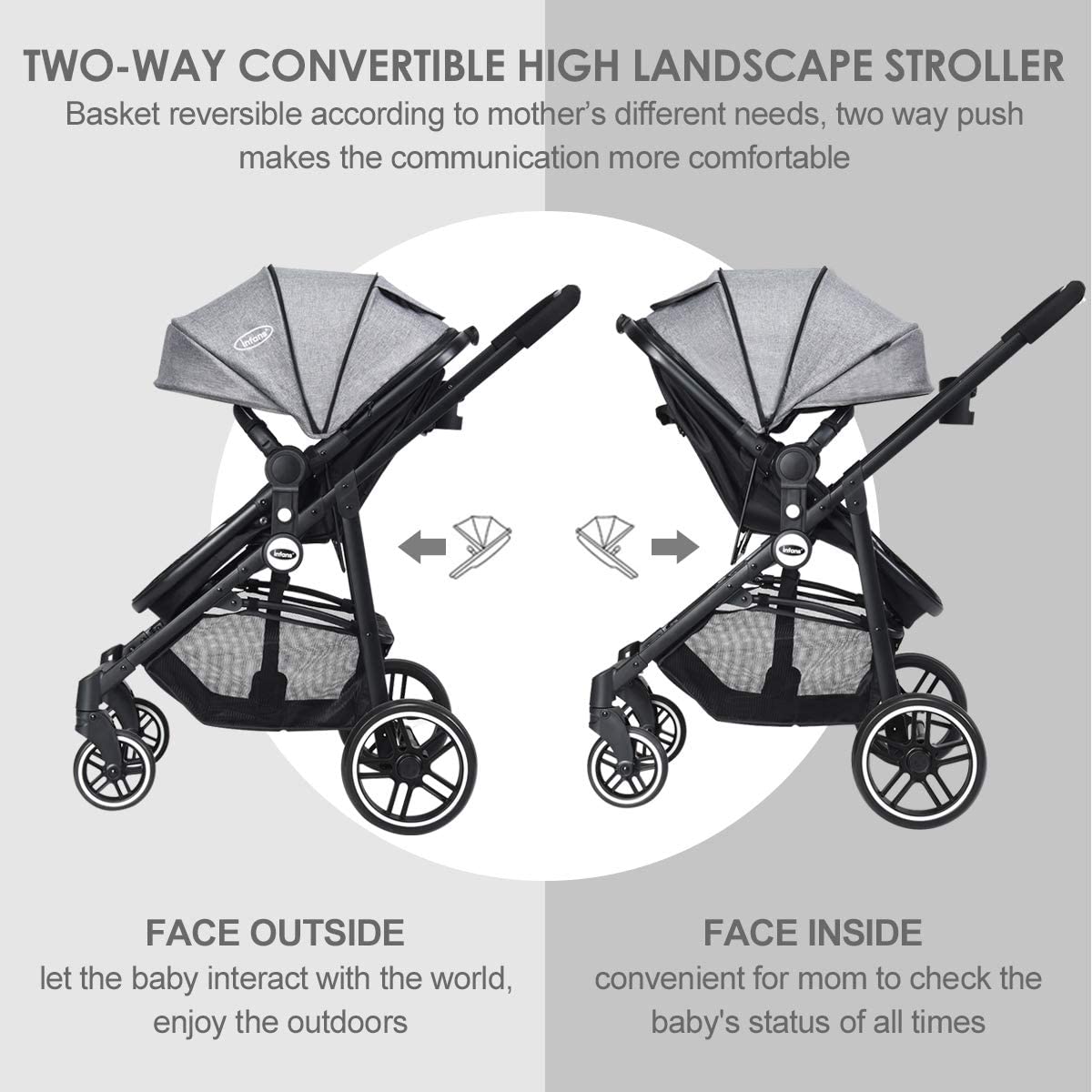 INFANS 2 in 1 Baby Stroller, High Landscape Infant Stroller & Reversible Bassinet Pram, Foldable Pushchair with Adjustable Canopy, Cup Holder, Storage Basket, Suspension Wheels (Volcanic Ash)