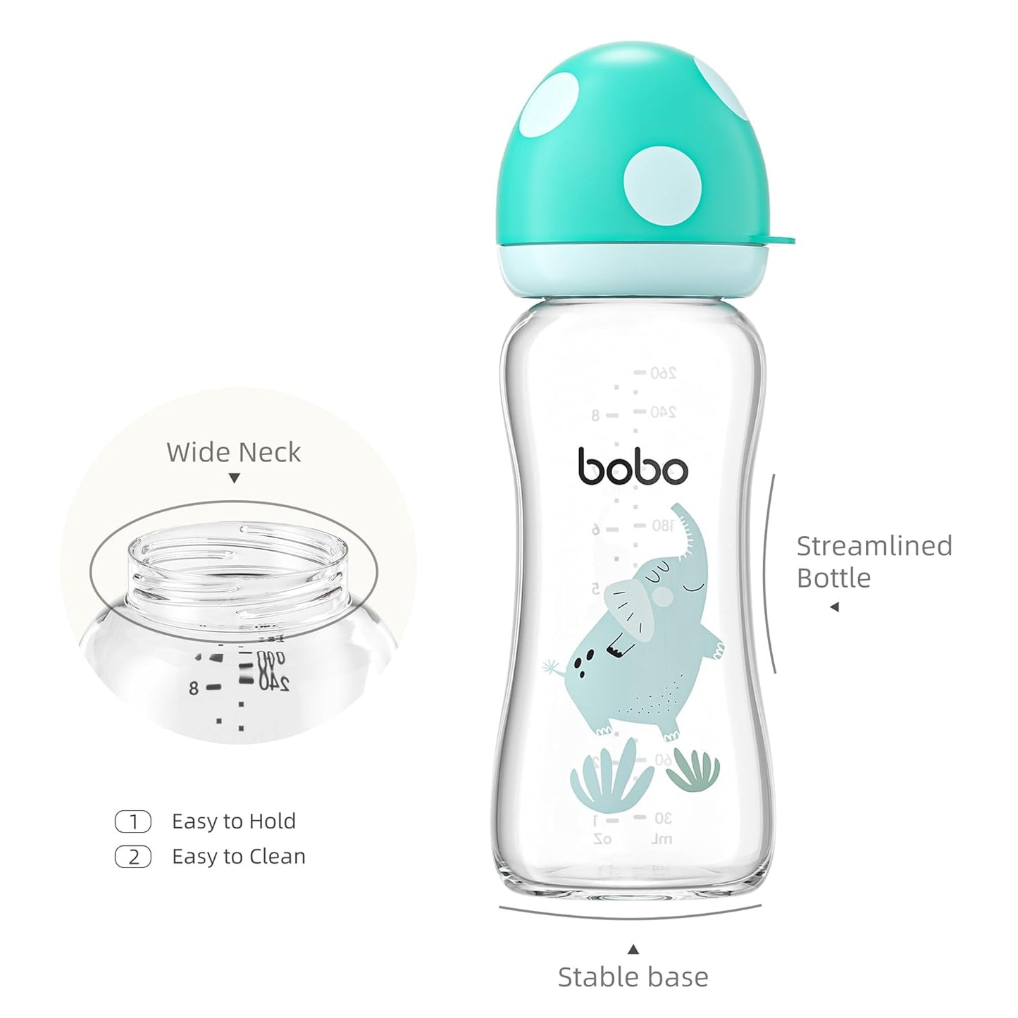YOHKOH Natural Glass Baby Bottle with Natural Response Nipple, Newborn Anti-Colic Baby Bottles, Wide Neck Mushroom Cap Baby Bottle, Clear (8.8ounce (Pack of 4), Blue2)