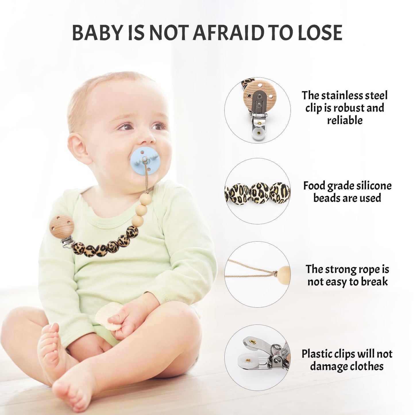 Pacifier Clips, 2PCS Silicone Soother Clips, BPA Free Pacifier Clip Pacifier Holder for Newborn Baby Boy Girl Gifts, Leopard Print