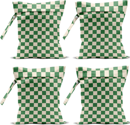 4 Pack Cute Wet Bag Waterproof Washable Reusable Wet Dry Bag for Swimsuit Clothes Cloth Diaper Travel Beach Pool Yoga Gym Christmas Party Camping Toiletries Travel Beach Essentials, Green Checkered