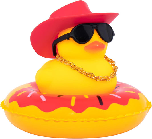wonuu Car Rubber Duck, Yellow Duck Decoration Dashboard with Sun Hat Swim Ring Necklace Sunglasses for Car Dashboard Decorations, Red Cowboy Hat-Red Donut