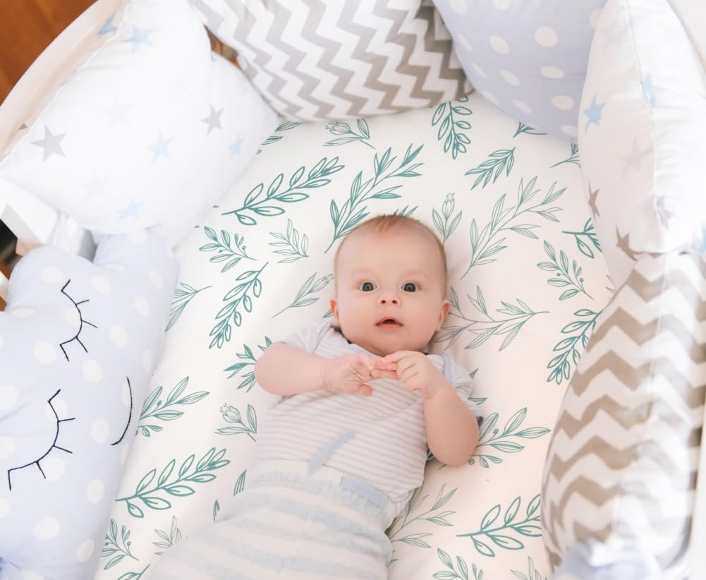 4 Pack Sage Green Fitted Nursery Sheets Breathable Neutral Unisex Baby Sheets for Boys or Girls with Leaf and Flower Design (Bassinet)