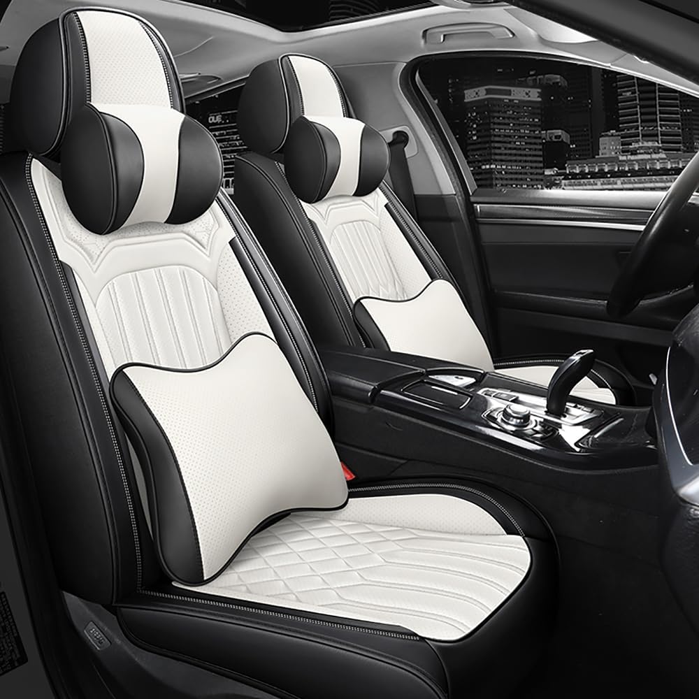 Car Seat Covers for Chevy Impala Limited 2014-2016 Leather Seat Covers, Waterproof Non-Slip Car Seat Protectors, Comfortable Seat Cover Adaptive Airbags（Black+White, 2 PCS Front with Pillow）