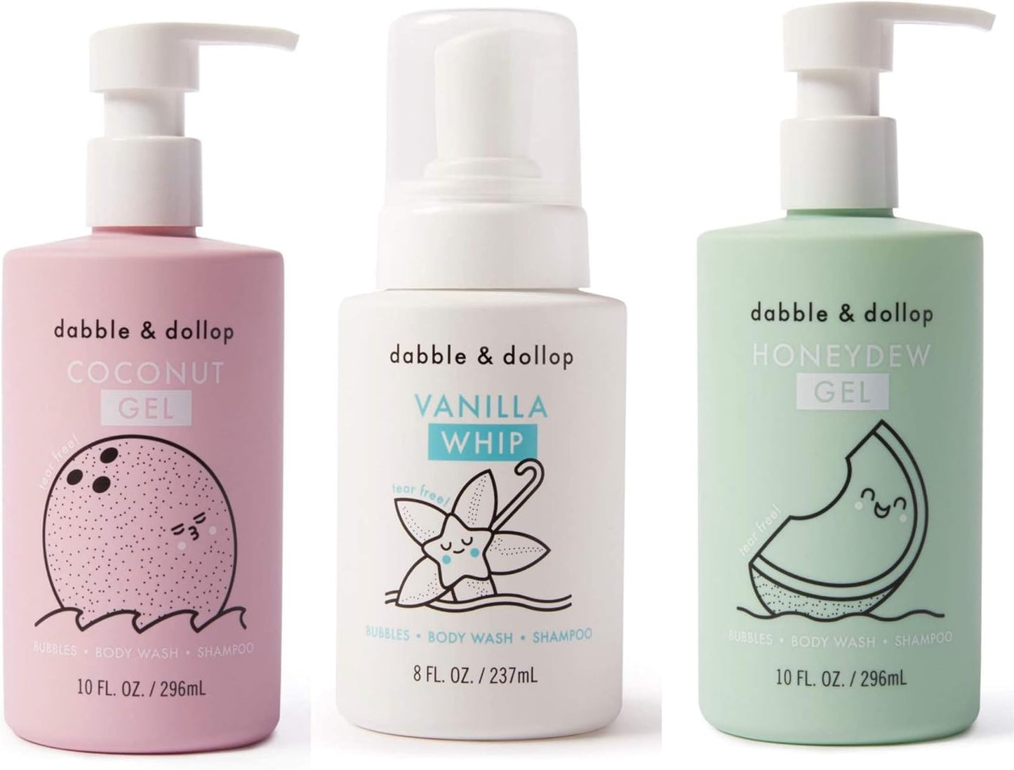 Dabble & Dollop Beachy Bundle, Natural Bubble Bath, Body Wash, Shampoo for Kids, Paraben & Sulfate Free, Vegan, Gluten-Free, Tear-Free, Honeydew Melon, Vanilla & Coconut (Set of 3)