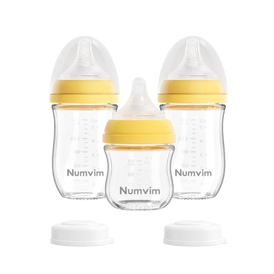 Natural Glass Baby Bottles Gentle & Extra Slow Flow, Newborn Breastfeeding Bottle with Anti Colic Nipple for 0 Months Babies, 3 Packs (Yellow (3 Ounce + 5 Ounce), 1 Count (Pack of 3))