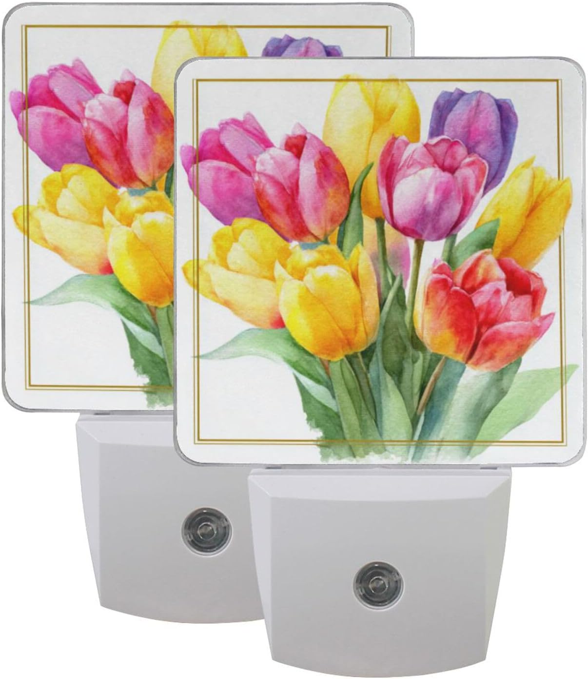 Aslsiy Night Light for Kids Watercolor Tulips in Vibrant Colors (4) Plug in Wall Lamp LED Dusk to Dawn Sensor Energy Saving Nightlight for Boys Girls Men Women