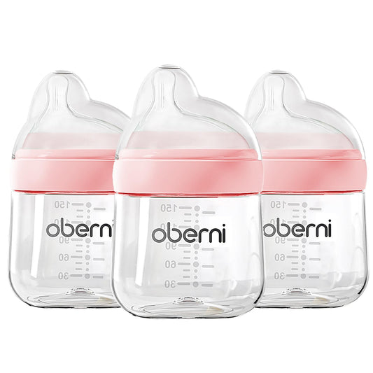 Baby Bottles with Slow Off-Centered Nipple for 0+ Months, Anti Colic Newborn Milk Feeding Bottle, 150ml/5oz/Pink/3Pack