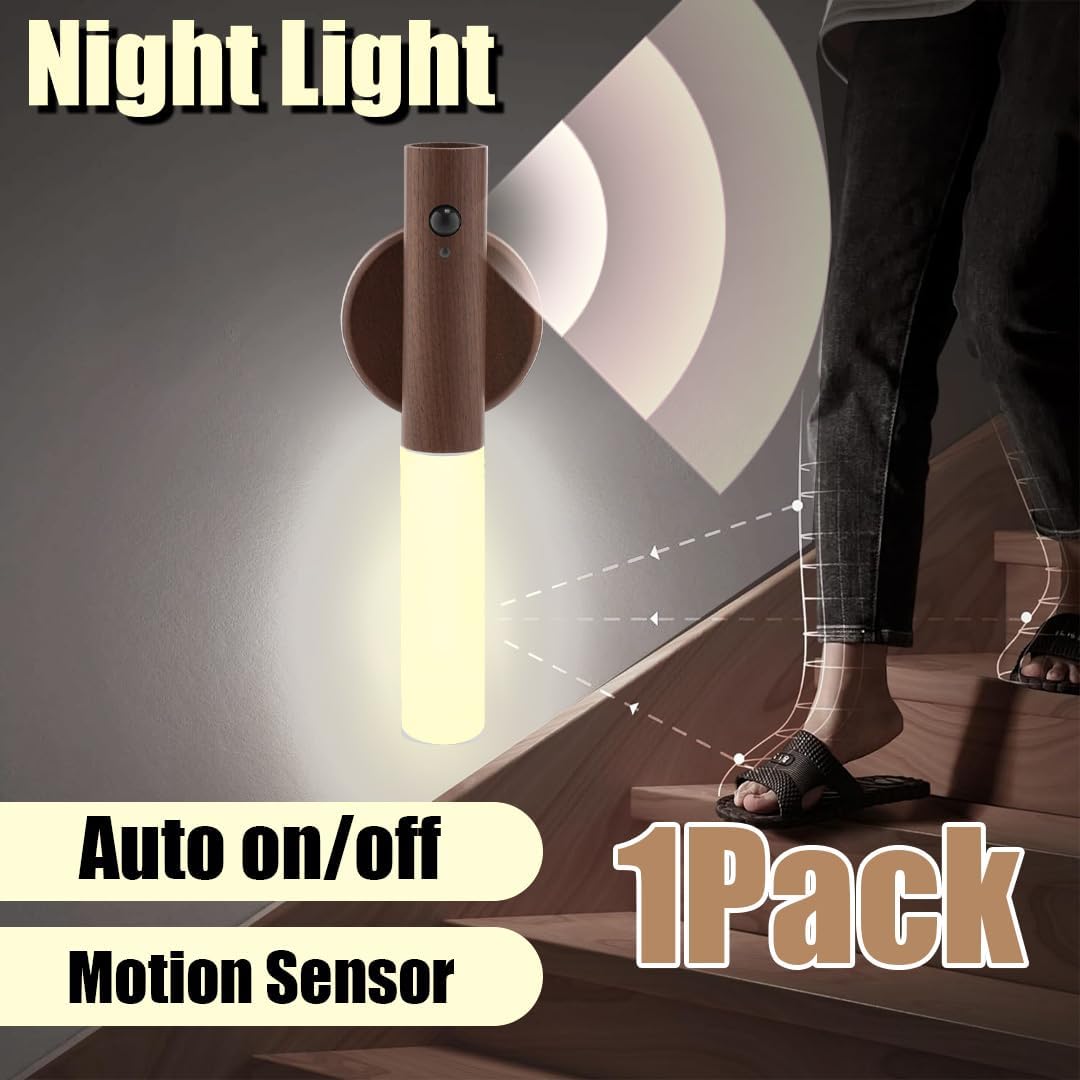 LANDGOO Wooden Nursery Night Light, LED Motion Sensor Nursing Lamp, USB Rechargeable Magnetic 360° Rotation Bedside Lighting for Bedroom Bathroom, Walnut Wood
