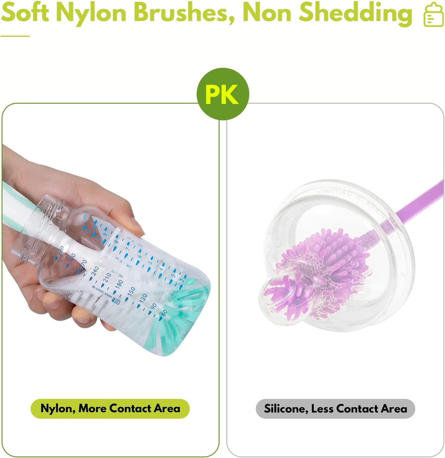 Baby Bottle Brush Set with Nipple Cleaner and Suction, 10.2" Cleaning Brush and 6.5" Sponge Bottle Brush with A Replacement Brush Head and Two 6.7" Straw Brushes, Pack of 5 (Green)