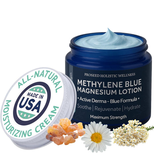 ProSeed Methylene Blue Magnesium Lotion with Yarrow, Turmeric, Frankincense, Vitamin E, Chamomile – Deep Moisturizing Cream for Face & Body – Bedtime & Post-Workout Massage for Kids, Men, Women - 2oz