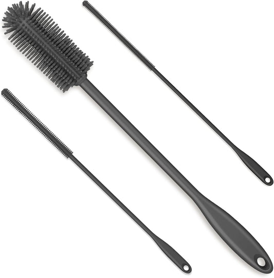 3-in-1 Silicone Bottle Brush and Straw Cleaning Brush Set, Water Bottle Cleaner for Narrow Neck Containers, Tumblers, Flask, Vase and Glassware (Charcoal)
