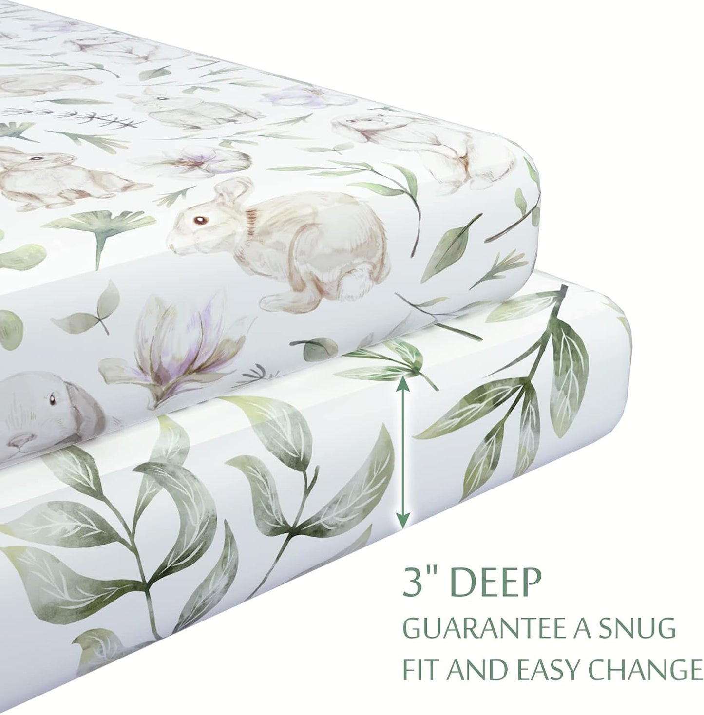 TCBunny 2 Pack Premium Fitted Baby 38X26 Mini Crib Sheets, Pack N Play Bassinet Sheets - Ultra-Soft 100% Cotton, Stylish Rabbit, and Garden Pattern, Safe and Snug for Baby