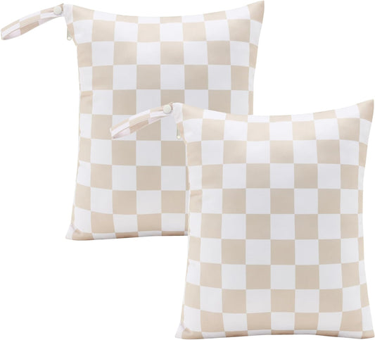 Beige Khaki Checkered Waterproof Wet Dy Diaper Bag for Baby Essentials, Travel, Swimsuit, Beach Bag Accessories, Aesthetic Trendy Cute Toddler Baby Cloth Bag Pouch, Pack of 2