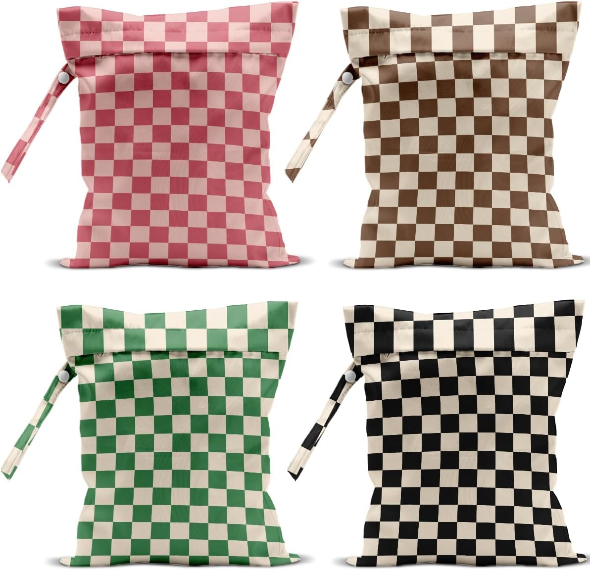 4 Pack Cute Wet Bag Waterproof Washable Reusable Wet Dry Bag for Swimsuit Dirty Clothes Diaper Travel Pool Yoga Gym Birthday Party Camping Toiletries Beach Essentials, Colorful Checkered