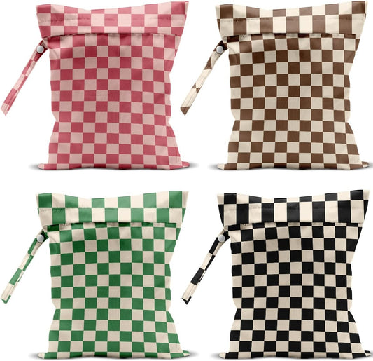 4 Pack Cute Wet Bag Waterproof Washable Reusable Wet Dry Bag for Swimsuit Dirty Clothes Diaper Travel Pool Yoga Gym Birthday Party Camping Toiletries Beach Essentials, Colorful Checkered
