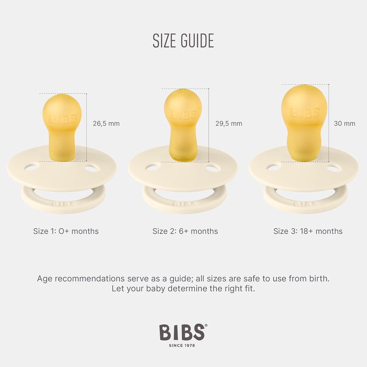 BIBS Pacifiers Colour Collection | Natural Rubber Baby Pacifier | Round Nipple | Set of 2 BPA-Free Soothers | Made in Denmark | 0+ Months (Pack of 2) | Ivory