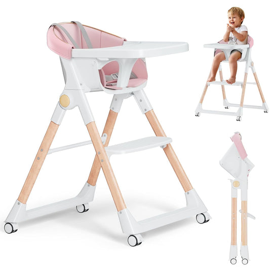 Baby High Chair, High Chairs for Babies and Toddlers, Convertible Folding High Chair with Removable Tray 5 Point Harness Footrest Detachable PU Cushion, Portable Highchair for Baby Toddlers