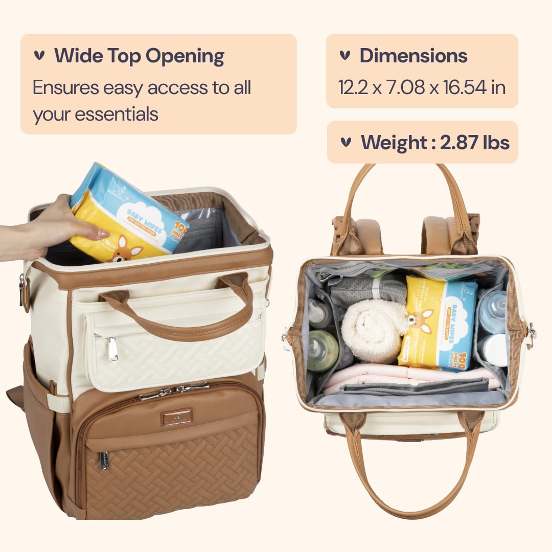 BabbleRoo Leather Diaper Bag Backpack, Multifunction Large Bags with Changing Pad & Stroller Straps & Pacifier Case, Unisex Stylish Travel Back Pack Nappy Changing Bag for Moms Dads (Caramel Cream)