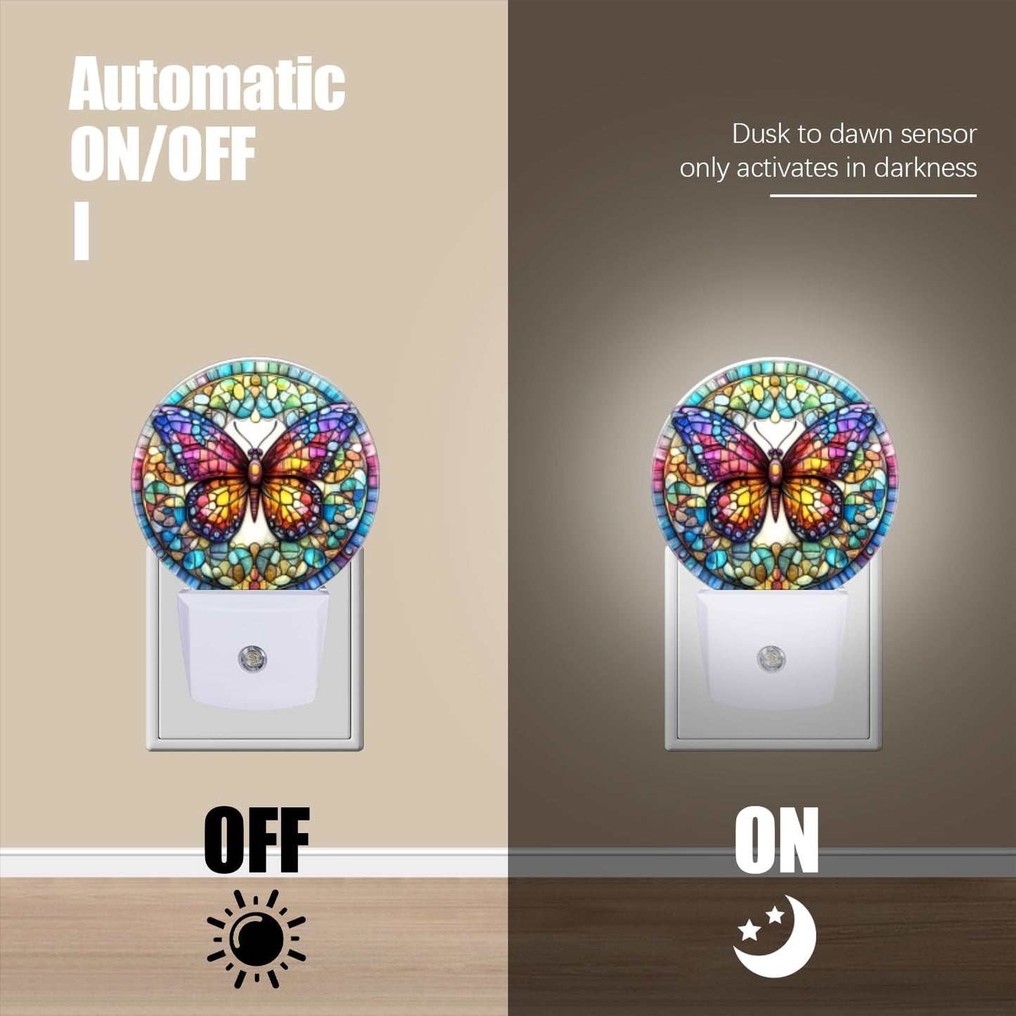 Round LED Night Lights Lamp with Dusk to Dawn Sensor, Stained Glass Art of Colorful Butterfly Mandala Night Light Plug Into Wall for Kids Room, Bedroom, Bathroom, Kitchen, Hallway