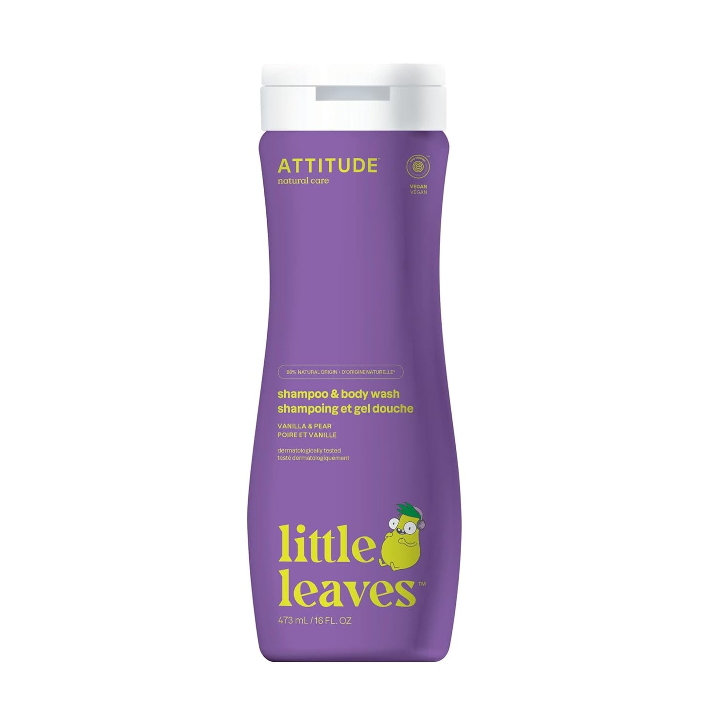 ATTITUDE Shampoo and Body Wash for Kids, EWG Verified Hair and Body Cleanser, Dermatologically Tested Soap, Plant and Mineral Based Bath Products, Vegan, Vanilla & Pear, 16 Fl Oz