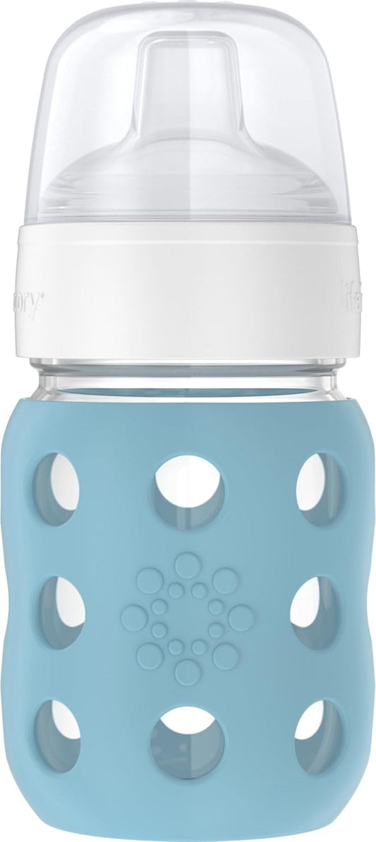 Lifefactory 8-Ounce Wide Neck Glass Baby Bottle with Protective Silicone Sleeve and Sippy Spout, Denim (LG2251WDE4)