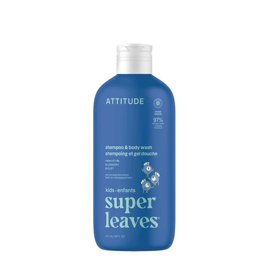 ATTITUDE Shampoo and Body Wash for Kids, EWG Verified Hair and Body Cleanser, Dermatologically Tested Soap, Plant and Mineral Based Bath Products, Vegan, Blueberry, 16 Fl Oz